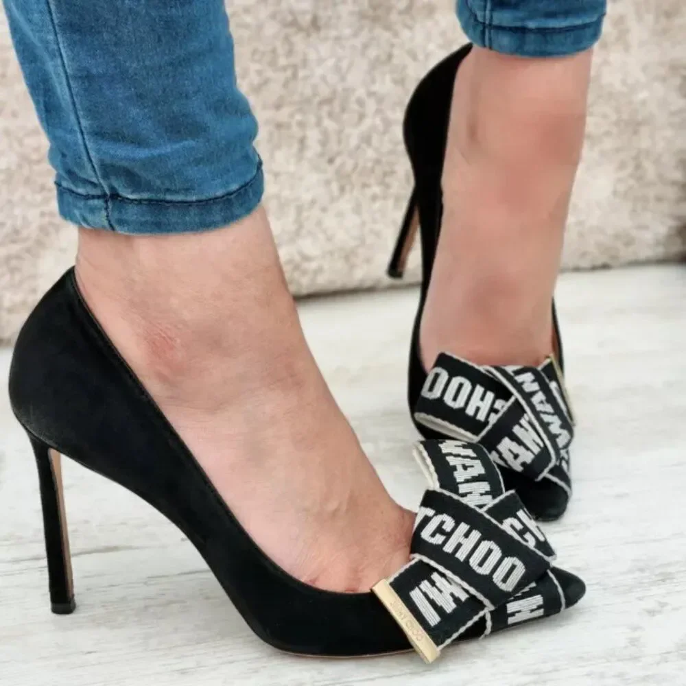 NWT NIB Sz 35.5 Jimmy Choo Tegan Black Bow Dainty Coquette Suede Heels Pumps 5